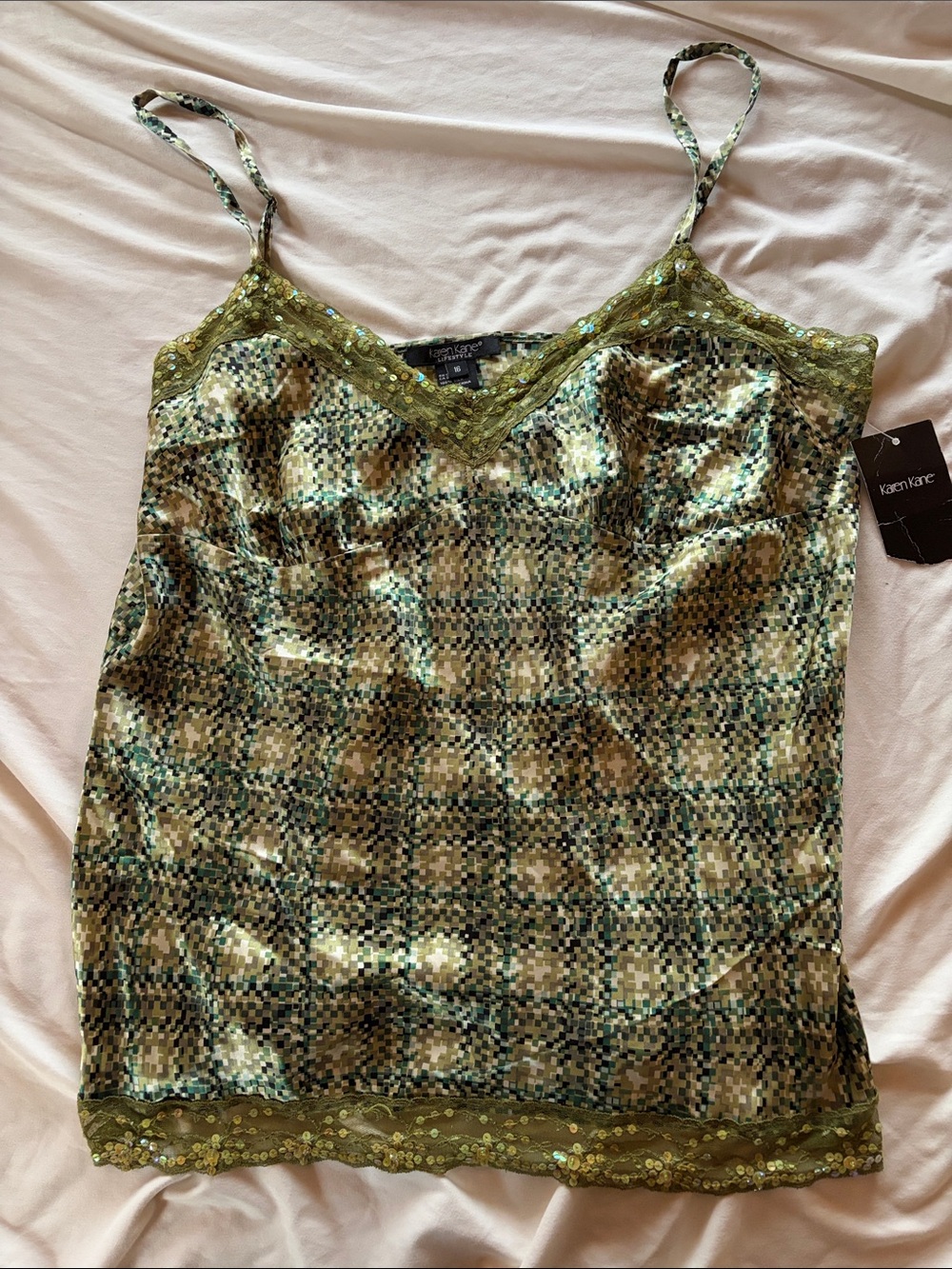 Karen Kane Olive & Teal Sequin-Trim Camisole size 16